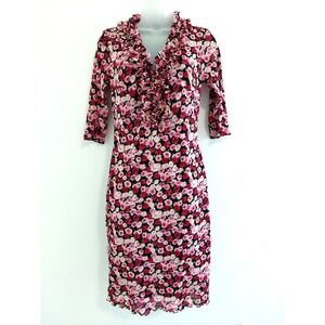VTG Y2K 90s Zinc Mesh Dress XS/S Pink Red Floral Fairy Romantic Stretch Ruffle‎